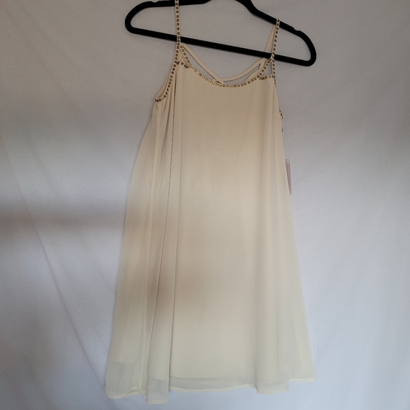 Cream White Small Flowy Short Summer Lined Dress Beaded Gold - Picture 3 of 9